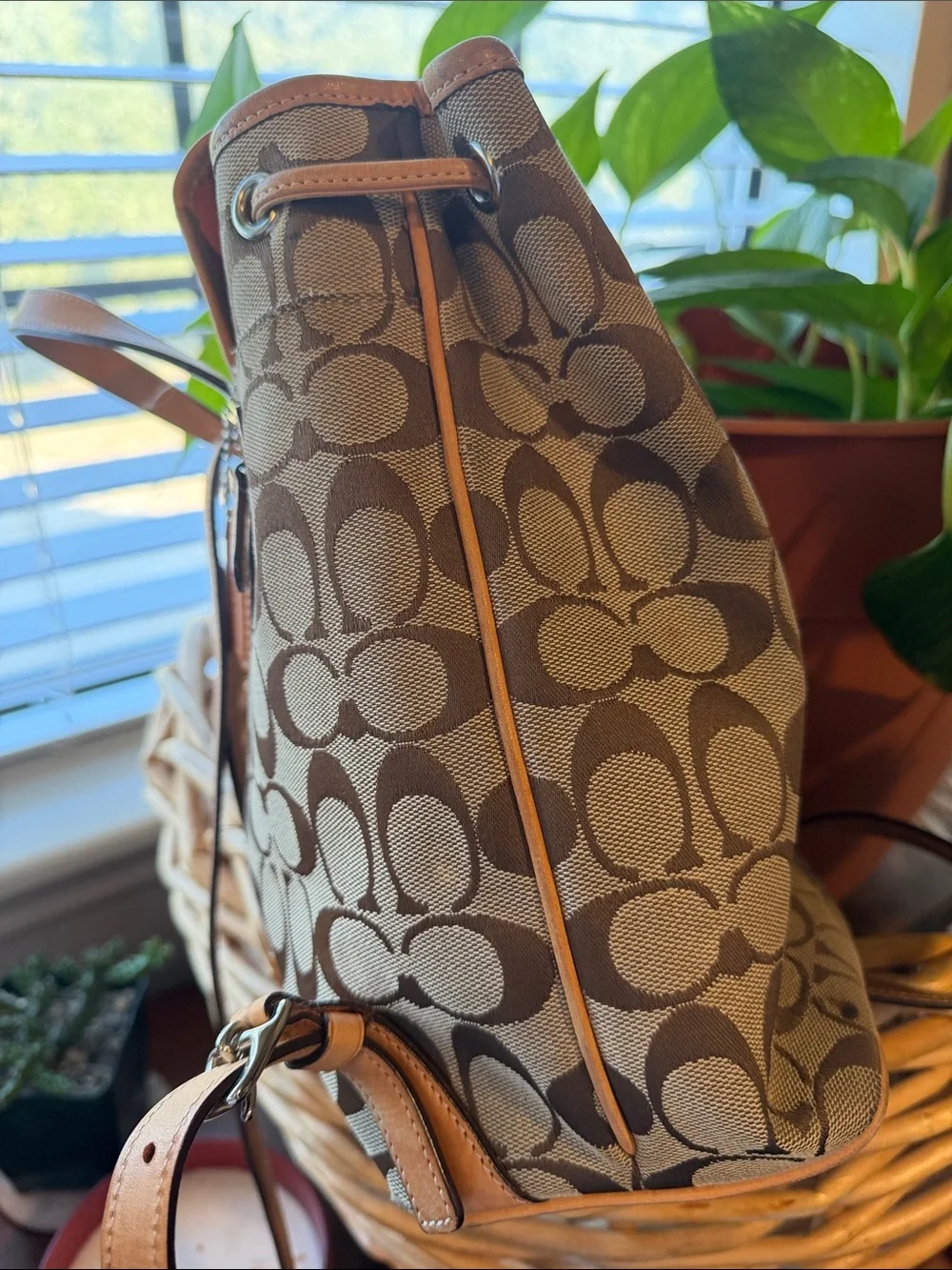 Vintage Coach 6613 Signature Jacquard Backpack Tan Leather Y2K